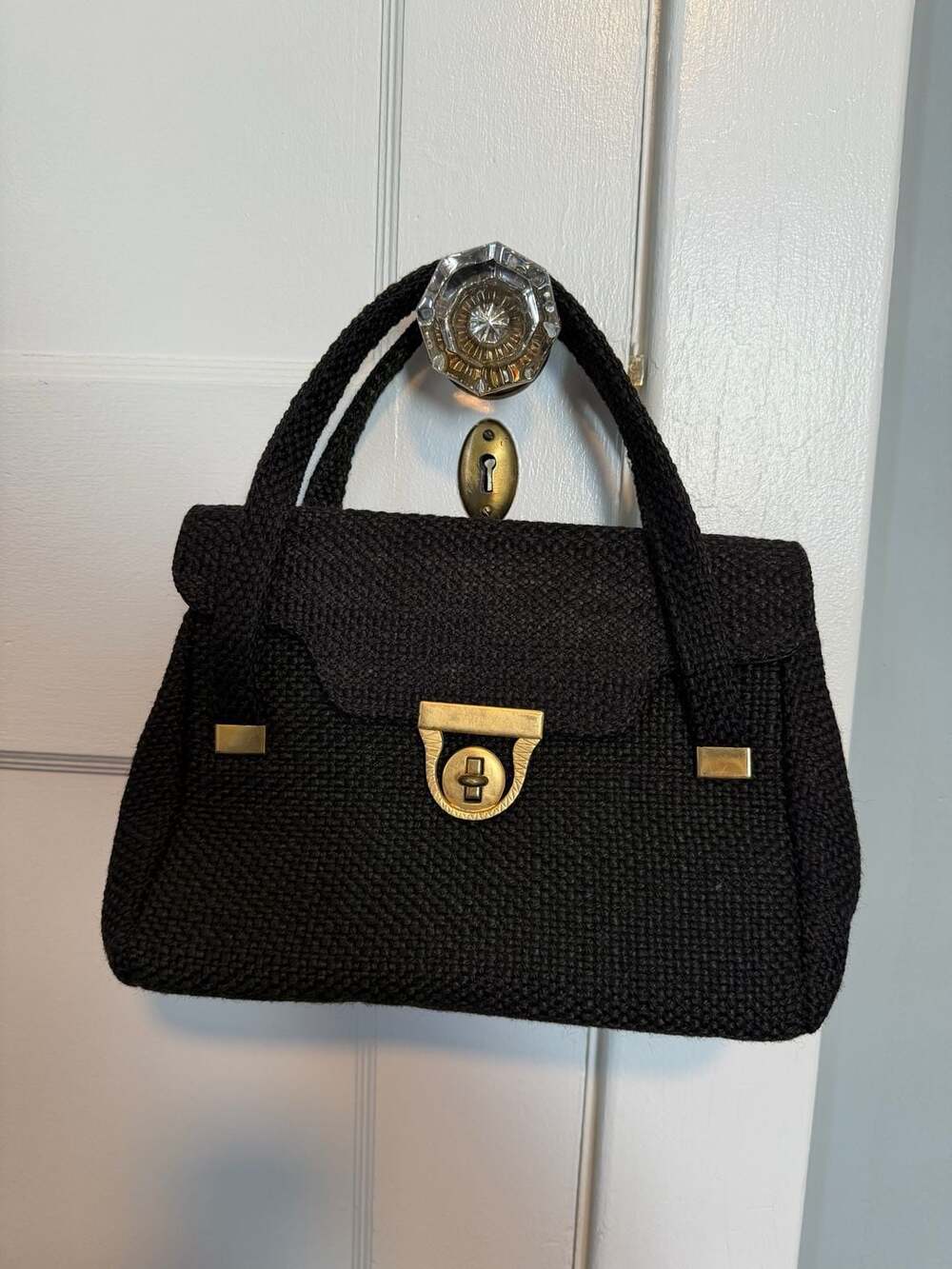 Vintage 1960s Black Woven Cord Gold Latch Handbag